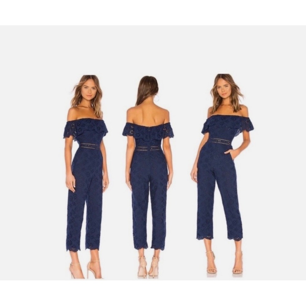 Lovers + Friends Naya Jumpsuit Navy Blue Eyelet Off Shoulder Ruffle Small LFA171